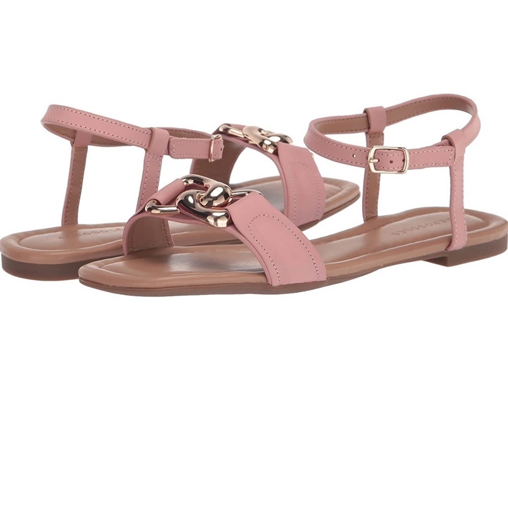 Aerosoles YOYÓ pink leather flat sandals Sz 10‎ gold tone chain link detailing